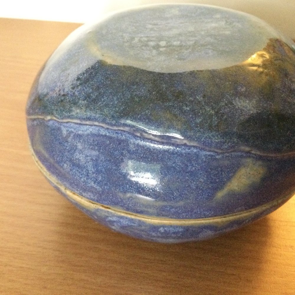 Handmade blue glazed art pottery small jar with lid signed